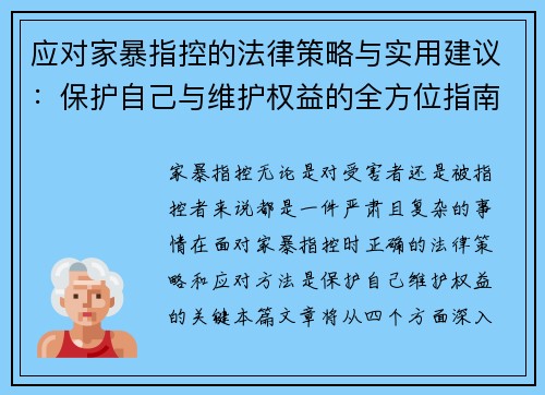 应对家暴指控的法律策略与实用建议：保护自己与维护权益的全方位指南
